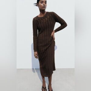 Brown Cable-Knit Long Sleeve Midi Dress